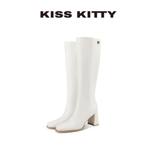 KISSKITTY长筒靴子女秋冬2025新款 高筒皮靴高跟方头白色瘦瘦靴