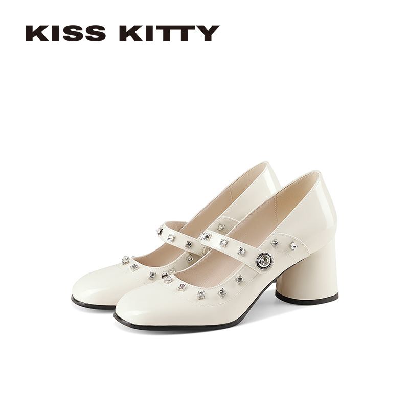 KISSKITTY玛丽珍鞋2026春季新款真皮学院风增高女鞋粗跟高跟单鞋