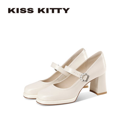 KISSKITTY玛丽珍女鞋2026春气质优雅时尚白色方头浅口粗高跟单鞋