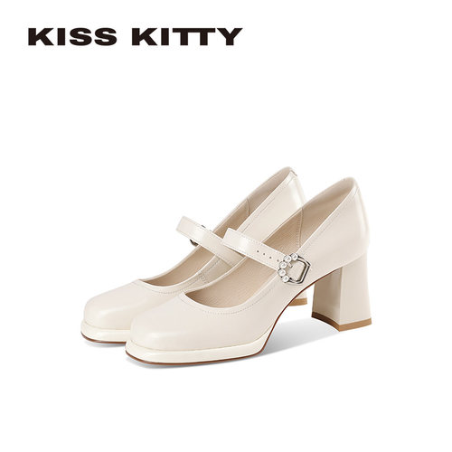 KISSKITTY玛丽珍女鞋2026春气质优雅时尚白色方头浅口粗高跟单鞋