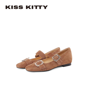 KISSKITTY绒光银扣 春新款 羊反绒不累脚通勤单鞋 方头玛丽珍女鞋