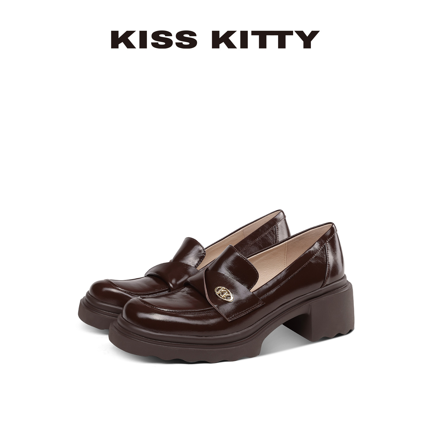 KISSKITTY乐福鞋女2025新款英伦风厚底棕色头层牛皮真皮小皮鞋