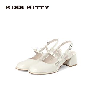 KISSKITTY法式 26新款 粗跟高跟鞋 女气质高级不累脚 蝴蝶结后空凉鞋
