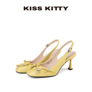 后空凉鞋 女黄色细跟高跟鞋 方头蝴蝶结包头女鞋 KISSKITTY2025新款