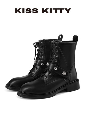 KISSKITTY2025冬季新款户外马丁靴厚底水钻机车靴黑色百搭短靴女