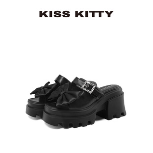 厚底增高外穿凉拖鞋 黑色蝴蝶结休闲拖鞋 女 新款 KISSKITTY2025秋季