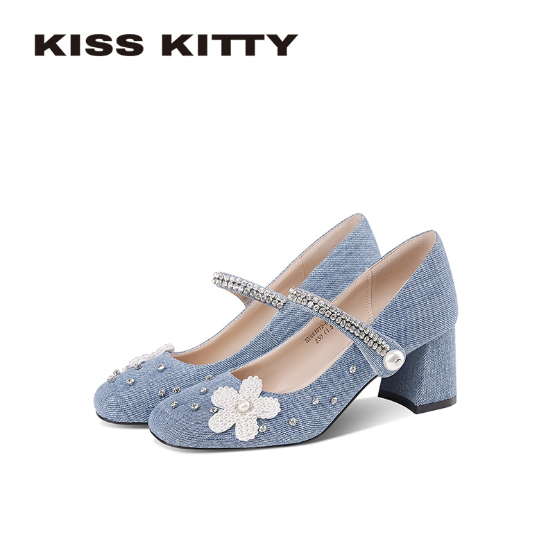 KISSKITTY玛丽珍鞋女2026春新款粗跟方头牛仔蓝色一字带高跟单鞋