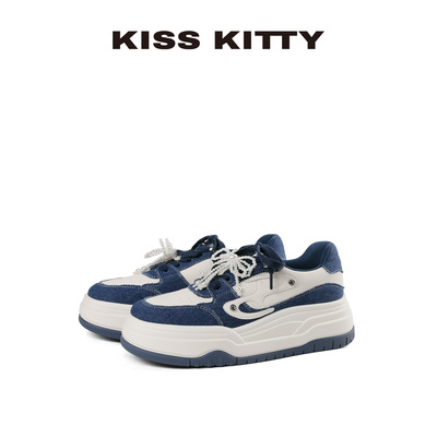 KISSKITTY板鞋女款2025新款帆布拼色学生百搭帆布厚底增高运动鞋