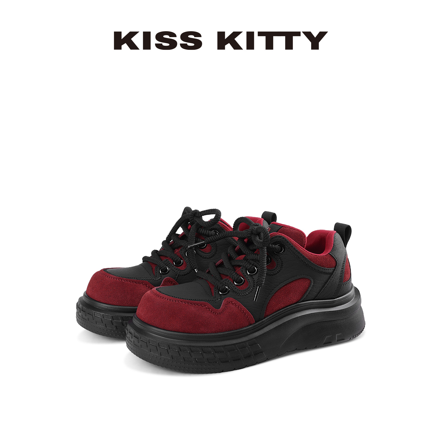 KISSKITTY厚底大头板鞋女黑红色松糕底学生百搭休闲鞋增高运动鞋