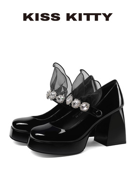 KISSKITTY法式水钻玛丽珍厚底增高小个子高跟鞋黑色网纱高跟lo鞋