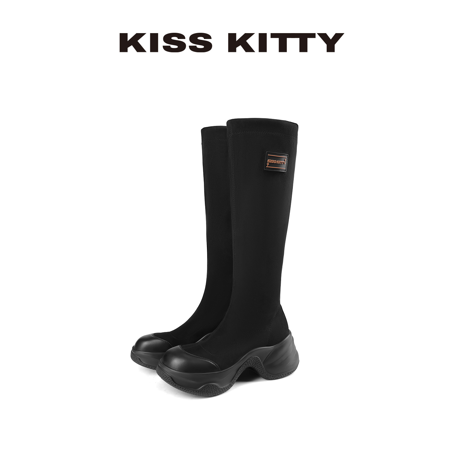 KISSKITTY长筒靴子女秋冬2025新款复古绒面高筒靴厚底弹力瘦瘦靴