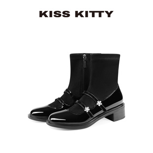 KISSKITTY玛丽珍弹力袜靴女2025秋新圆头中跟粗跟黑色瘦瘦短靴子