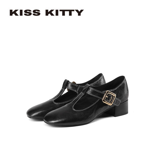 KISSKITTYT字扣带粗跟高跟鞋女春季新款玛丽珍鞋气质软底名媛单鞋