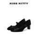KISSKITTY玛丽珍女新款 单鞋 羊反绒黑色粗跟方头蝴蝶结高跟鞋 法式