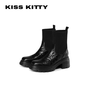KISSKITTY袜子瘦瘦靴女26新款粗跟手抓羊皮短靴切尔西时装女靴