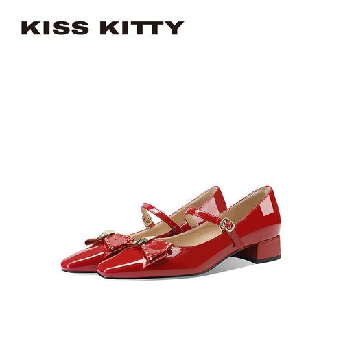 法式红色芭蕾玛丽珍鞋蝴蝶结单鞋