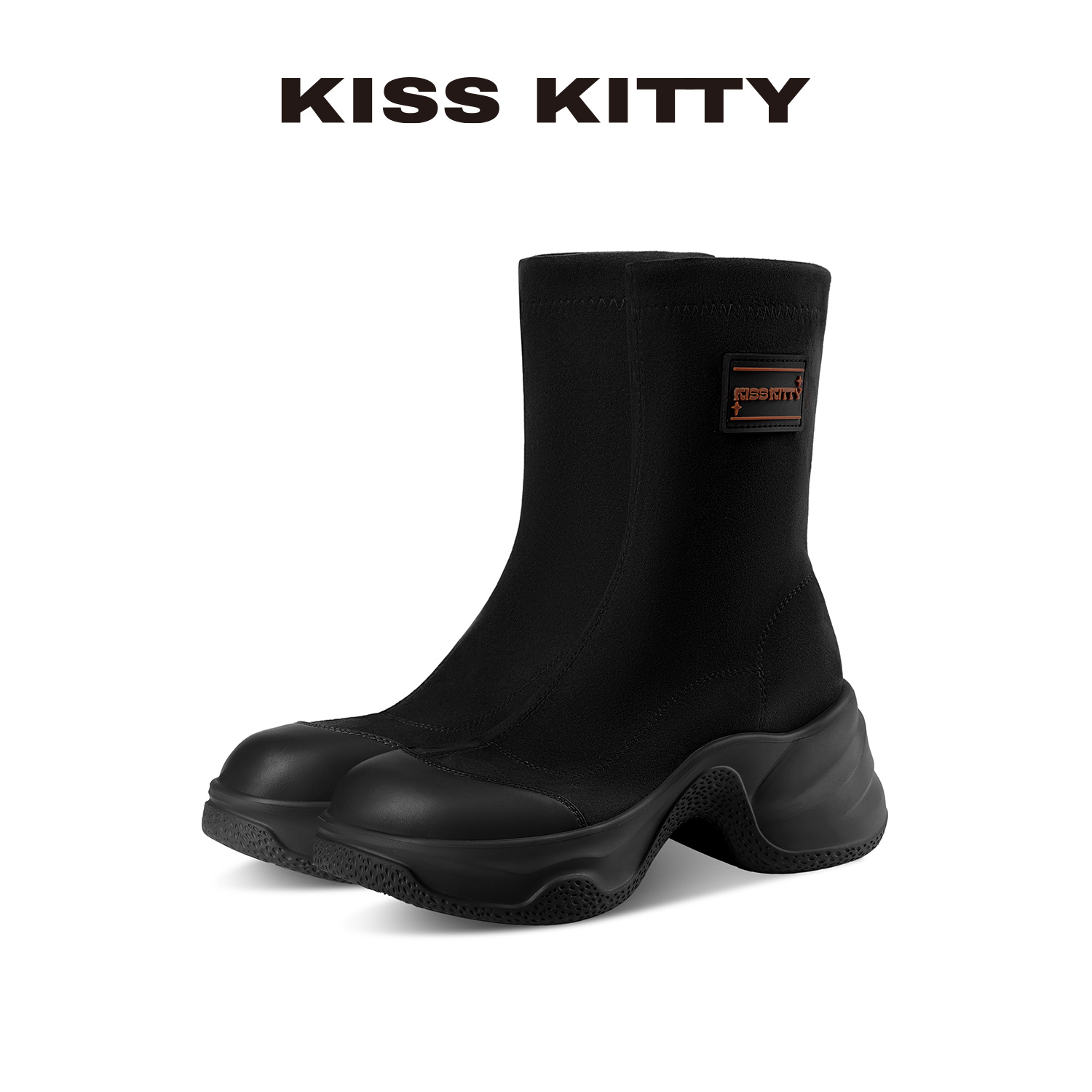 KISSKITTY弹力瘦瘦靴2025新款爆款黑色圆头厚底小个子袜子短靴女