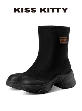 KISSKITTY弹力瘦瘦靴2025新款爆款黑色圆头厚底小个子袜子短靴女