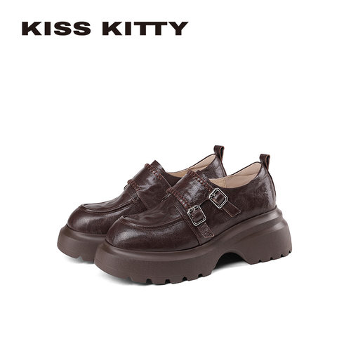 KISSKITTY乐福鞋小皮鞋女2026新款英伦风皮带扣厚底增高深口单鞋