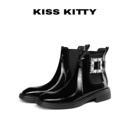 KISSKITTY马丁靴女款2025新款英伦风黑色短筒真皮切尔西短靴子