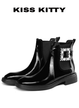 KISSKITTY马丁靴女款2025新款英伦风黑色短筒真皮切尔西短靴子