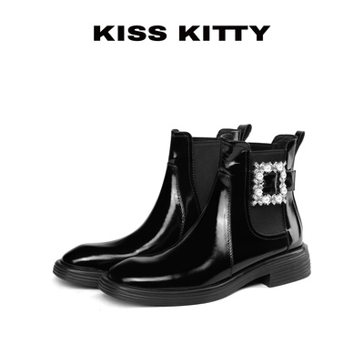 KISSKITTY马丁靴女款2025新款英伦风黑色短筒真皮切尔西短靴子