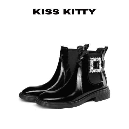 KISSKITTY马丁靴女款2025新款英伦风黑色短筒真皮切尔西短靴子