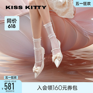 KISSKITTY2024年春季新款蝴蝶结浅口单鞋细跟尖头玛丽珍鞋高跟鞋