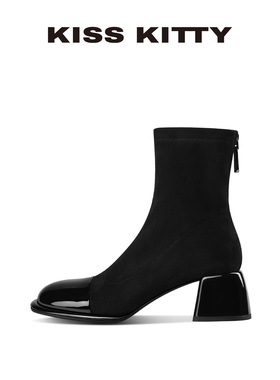 KISSKITTY弹力靴女款2025新款超火粗跟圆头中跟黑色英伦风短靴