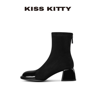 KISSKITTY弹力靴女款 超火粗跟圆头中跟黑色英伦风短靴 2025新款