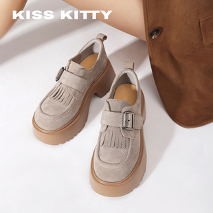 KISSKITTY厚底乐福鞋女新款复古增高单鞋灰色松糕勃肯鞋不累脚