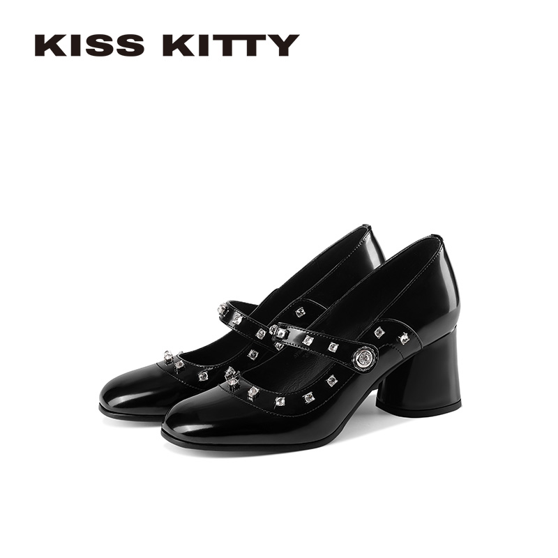 KISSKITTY玛丽珍鞋2026春季新款真皮学院风增高女鞋粗跟高跟单鞋