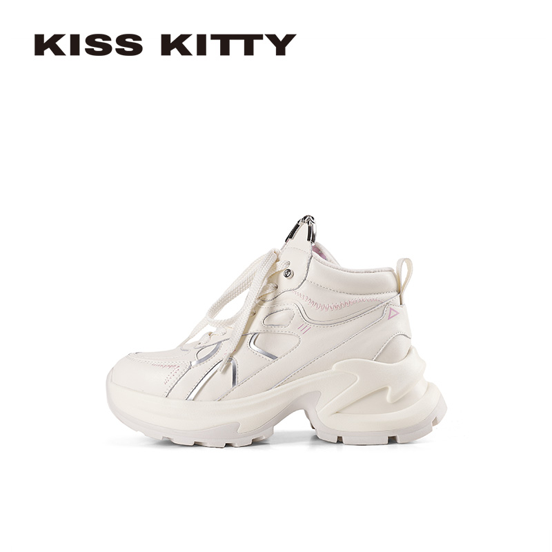 KISSKITTY2025年冬季新款厚底增高皮面老爹鞋高帮运动休闲鞋女鞋