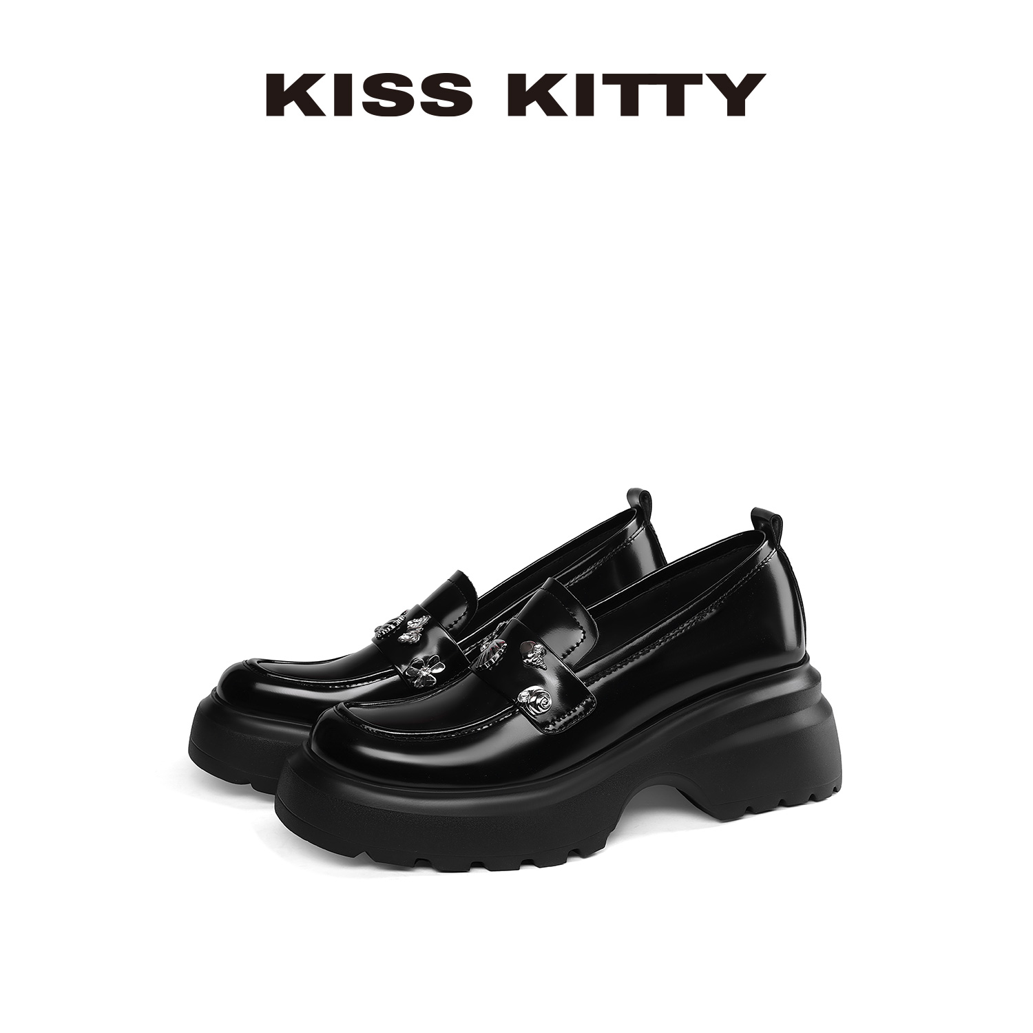 KISSKITTY小皮鞋女2025新款黑色百搭高跟深口单厚底英伦乐福鞋