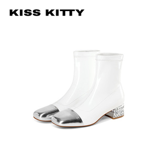 KISSKITTY白色拼色短靴女2026新款水晶粗跟方头漆皮瘦瘦靴马丁靴
