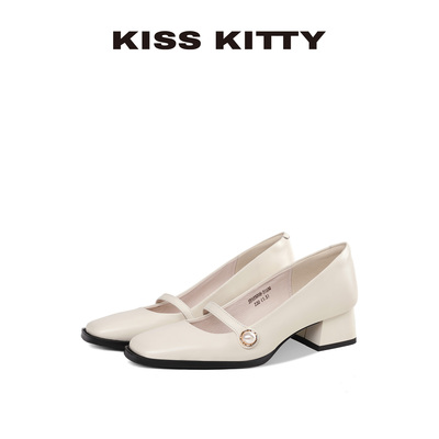 KISSKITTY玛丽珍方头单鞋女新款粗跟米白色浅口法式不累脚高跟鞋