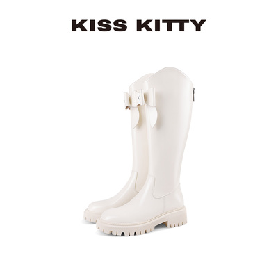 KISSKITTY蝴蝶结长筒皮靴冬季新款高筒靴圆头粗跟厚底增高骑士靴