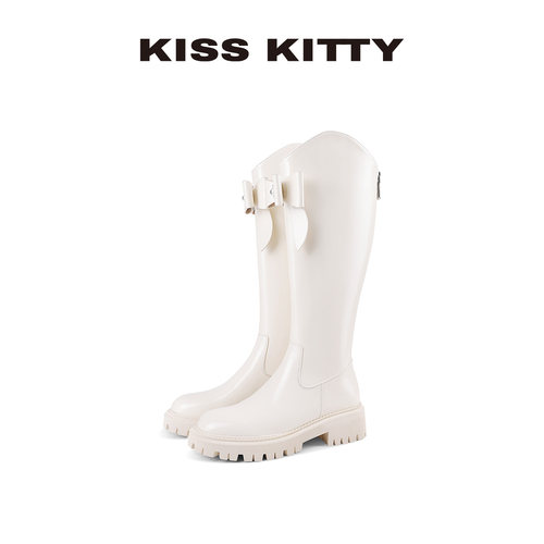 KISSKITTY蝴蝶结长筒皮靴冬季新款高筒靴圆头粗跟厚底增高骑士靴