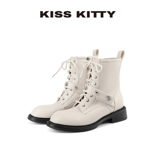 KISSKITTY2025冬季新款户外马丁靴厚底水钻机车靴米白色中筒靴女