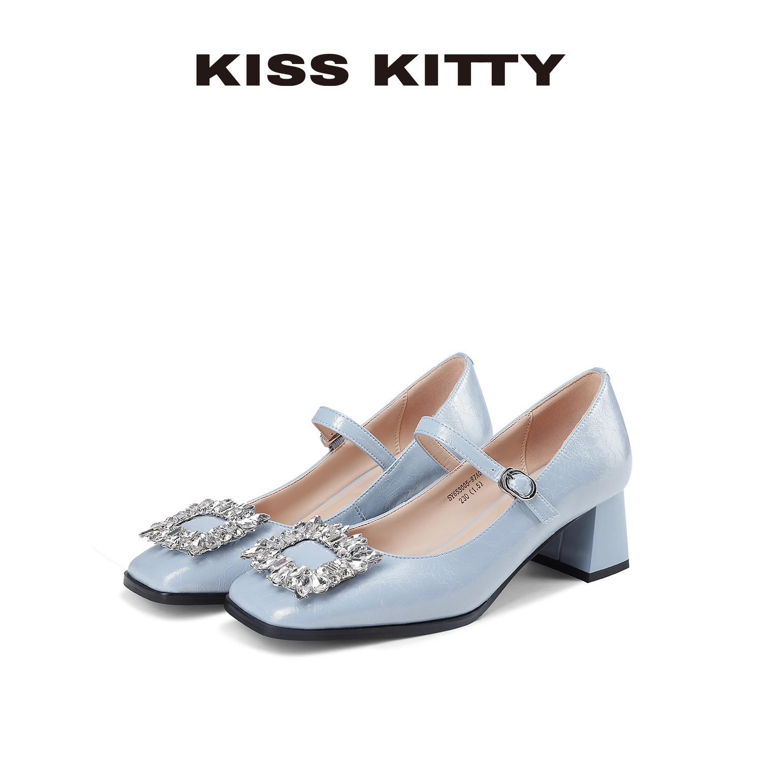 KISSKITTY仙女风玛丽珍鞋女款2025新款蓝色粗跟单鞋方头水钻女鞋