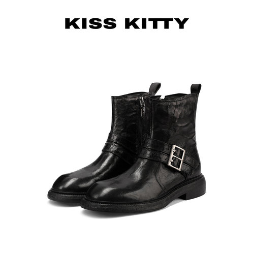 KISSKITTY短靴子2026新款羊皮革黑色复古美拉德爆款巨好看靴子