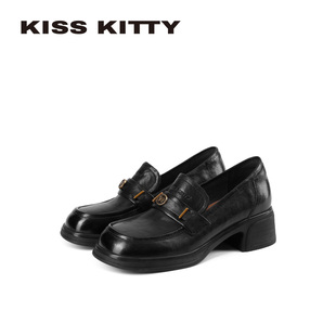 KISSKITTY一脚蹬真皮乐福鞋女款2026新款英伦风粗跟单鞋夏季皮鞋