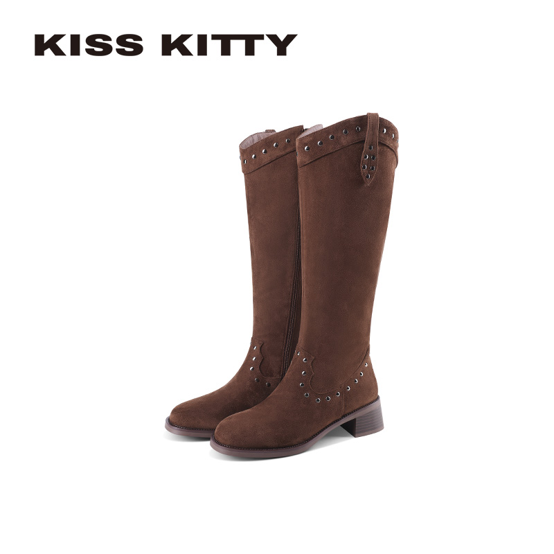 KISSKITTY长筒骑士靴女秋冬复古铆钉磨砂粗跟西部靴高跟高筒靴