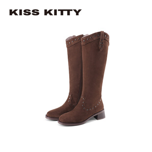 KISSKITTY长筒骑士靴女秋冬复古铆钉磨砂粗跟西部靴高跟高筒靴