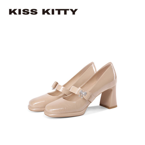 KISSKITTY玛丽珍鞋女2026春新款粗跟方头杏粉色蝴蝶结浅口高跟鞋