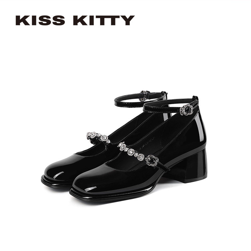 KISSKITTY玛丽珍鞋女2026年春季新款法式黑色水钻一字扣浅口单鞋,女鞋,玛丽珍鞋,淘宝优惠券,粉丝福利购,淘宝优惠卷