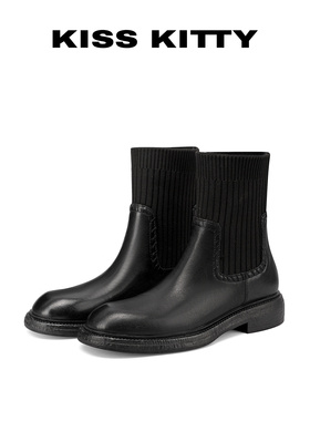KISSKITTY袜子鞋女2025新款爆款英伦风黑色针织弹力布瘦瘦短靴子