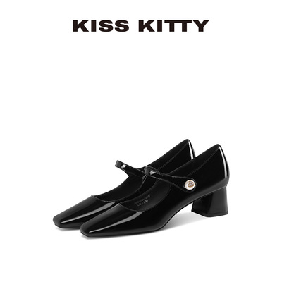 KISSKITTY玛丽珍单鞋女头层牛皮粗跟方头黑色法式绝美浅口高跟鞋