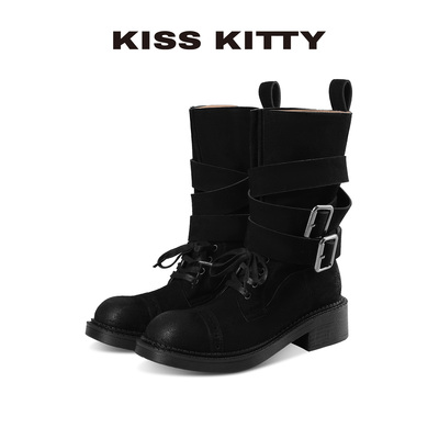 KISSKITTY真皮西部牛仔靴女机车沙漠靴粗跟皮带扣中筒骑士马丁靴
