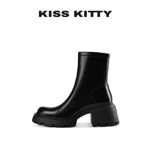 KISSKITTY切尔西靴女秋冬新款英伦风牛皮女靴厚底增高烟筒短靴